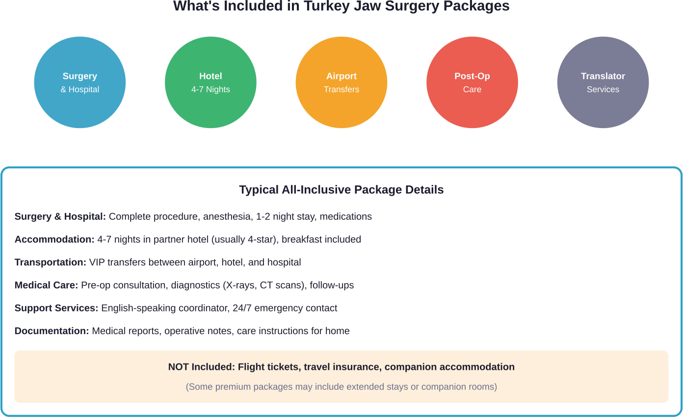 Comprehensive breakdown of standard all-inclusive jaw surgery packages offered by Turkish clinics